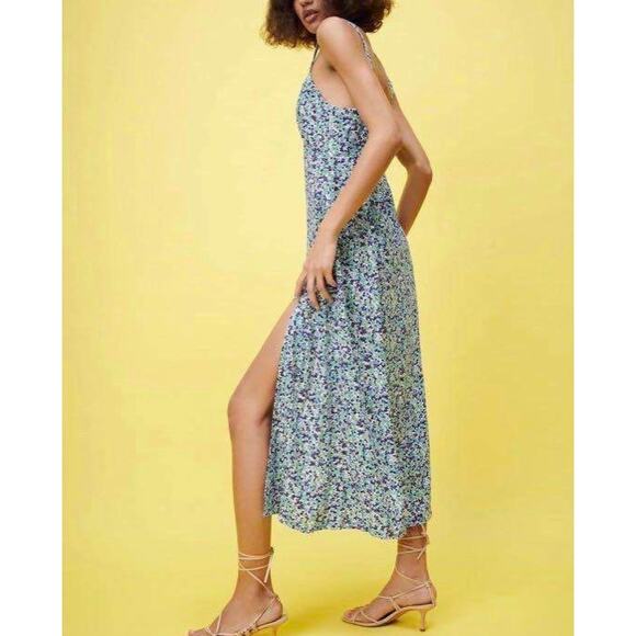 Zara Blue Floral Smocked V Neck Sleeveless Cami Camisole Slit Sheath Midi Dress - Picture 2 of 13